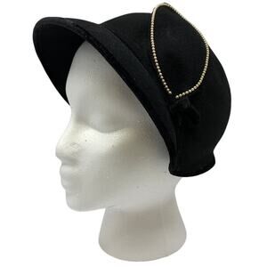Merrimac Black Felt Cloche Hat Vintage 1960s Beaded Trim Made in USA